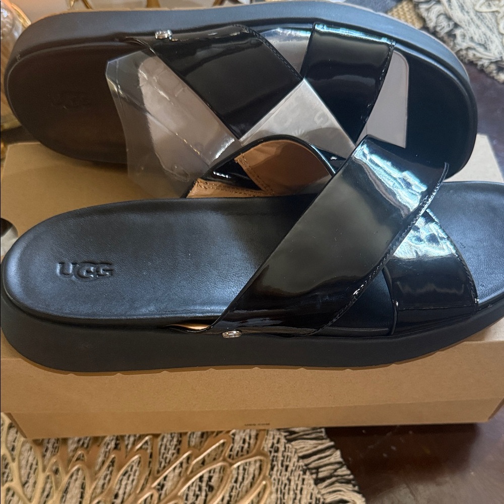 UGG Glossy Black Slide Sandals